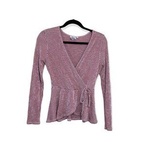 Crossbody V-Neck Long Sleeve Top Light burgundy and White Striped Blouse